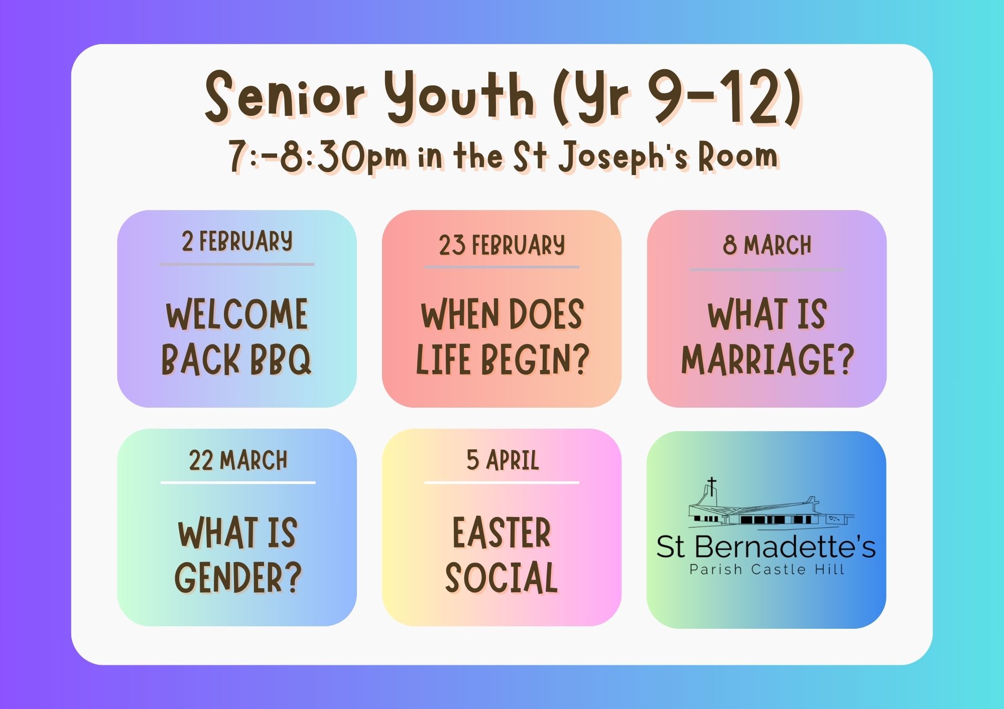 Senior Youth (Yr 9-12) 7-830pm in the St Joseph’s Room